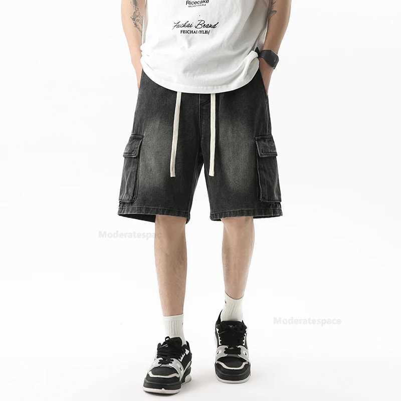 Summer Cargo Jeans Men Pockets Denim Shorts Elastic Waist Loose Straight High Street Wide Kneelength Short PantsXJ251025