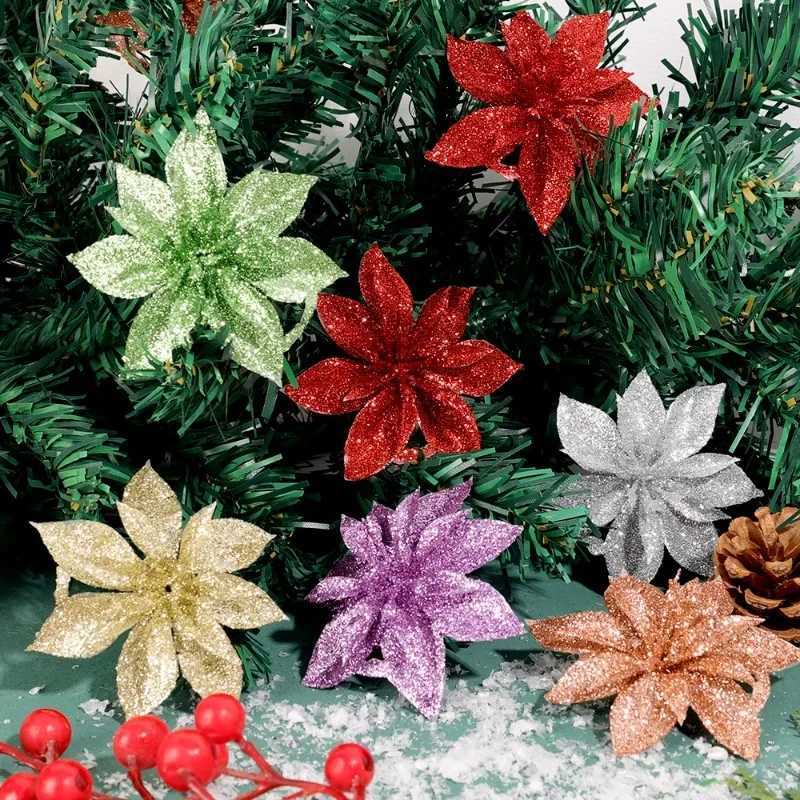 505PCS Christmas Artificial Flowers Xmas Tree Wreath Ornaments Glitter Fake Flower Wedding New Year Party Decoration Gifts C251024