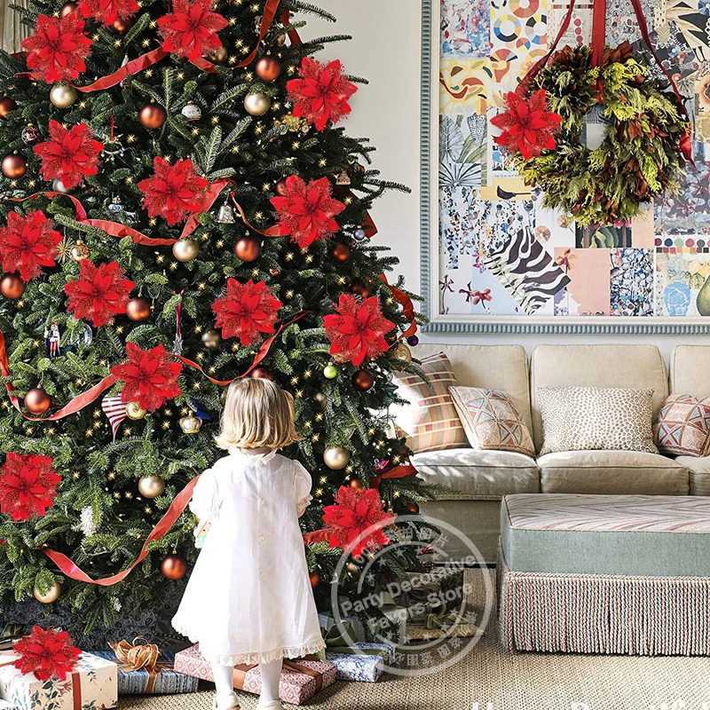 3Pcs 14cm Christmas Flowers Glitter Artificial Red Gold Flower Head Berry DIY Xmas Tree Ornament Decorations for Home New Year C251024