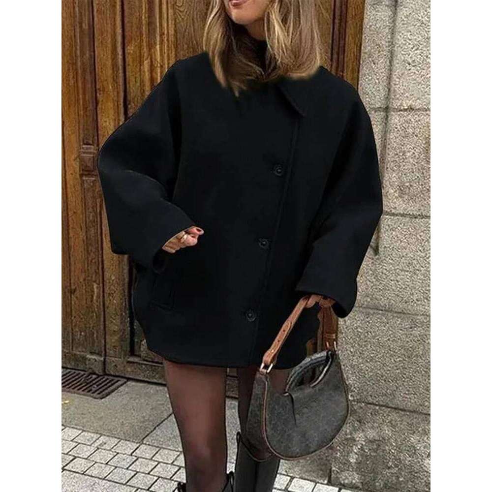 Women S Oblique Button Loose Batwing Sleeve Jacket Lapel Double Pocket Warm Solid Vintage Outerwear Fall Winter Coat