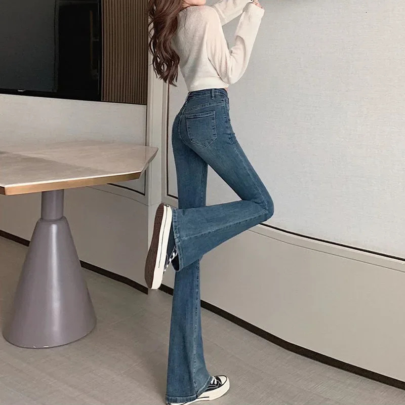 Slimming StraightLeg Denim Jeans Womens AutumnWinter Petite Blue Grey High Elasticity Micro Flare Shaping Smooth Silhouette 251023