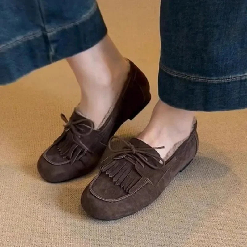 Shoes for Women Warm Womens Flats Daily Casual Flats Women Bow Tie Fringe Round Toe Soft Bottom Shoes Ladies 251023