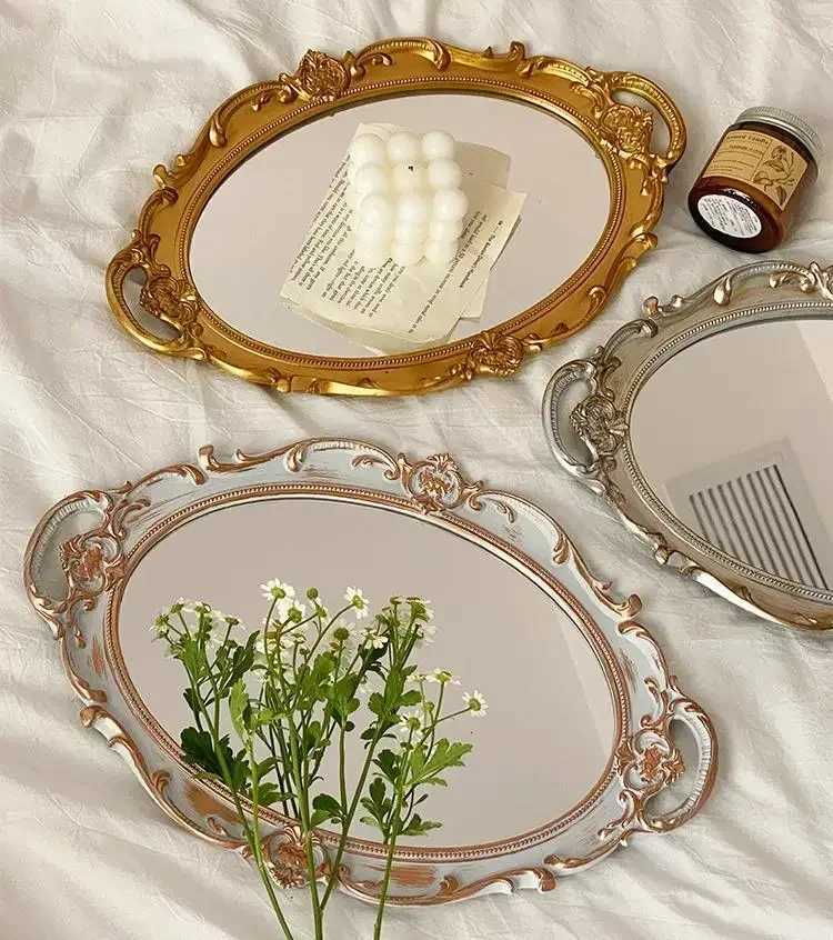European Decorative Plate Storage Tray Oval Plate Jewelry Display Rotary Candy Decor Tray Mirror Decorative Make Up Mirror Y251025