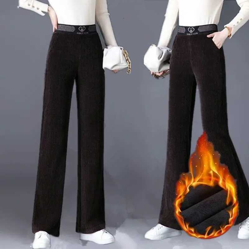 Korean New Women Corduroy Fleece Pants Autumn Winter Fashion Casual High Waist Solid Loose Thicken Vintage Straight TrousersT251025