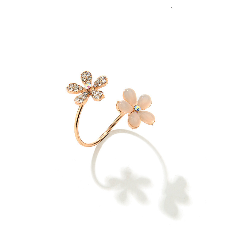 New Cat's Eye Stone Open Version Micro Pave Five-Leaf Flower Ring Korean Trendy Jewelry