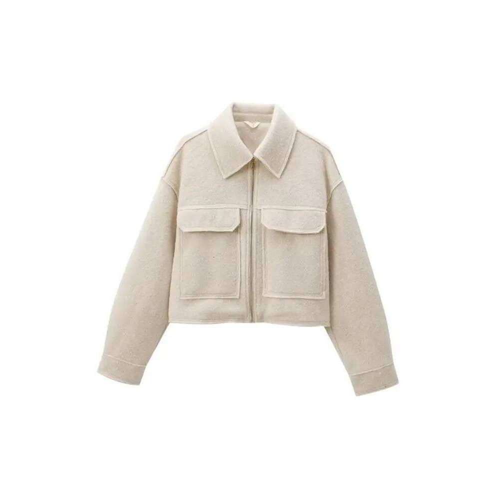 Cropped Jacket With Pockets For Women Long Sleeve Coat Front Zipper Female Outerwear Chic Tops Fashion