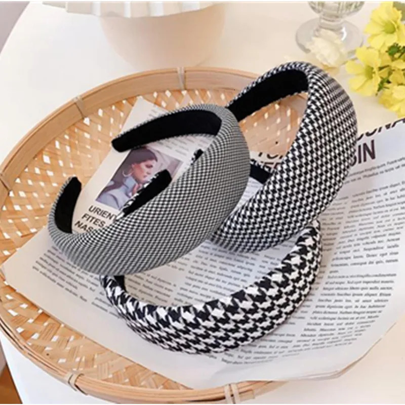Women Classic Houndstooth Plain Headbands Sponge Inside Ladies Plaids Print Padded Hairbands Style Head Band 251023