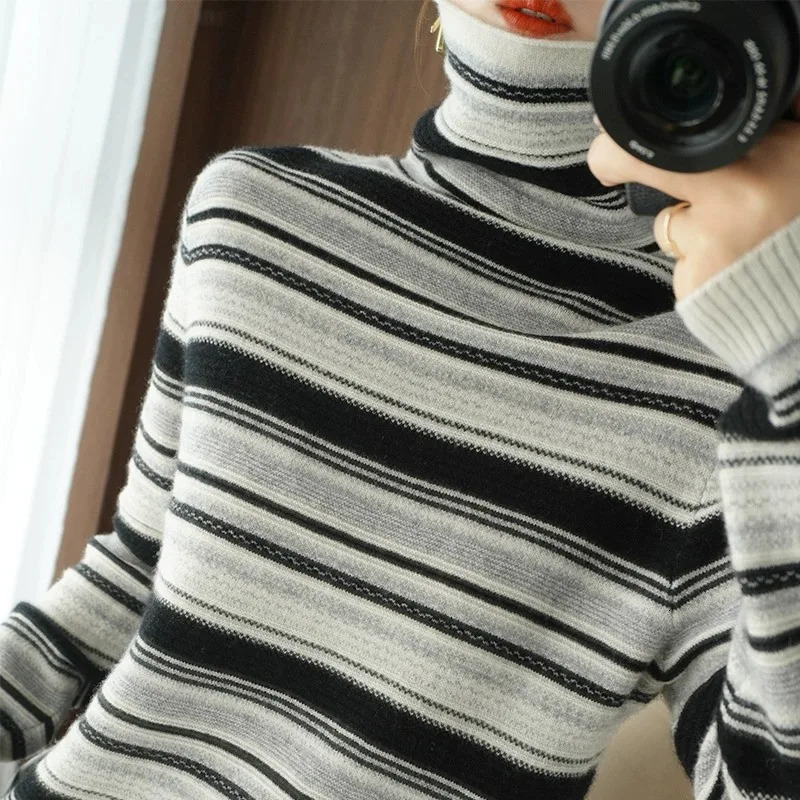 Autumn Winter Women Sweater Turtleneck Long Sleeve Warm Pullovers Fashion Stripe Knitwear Korean Bottoming Shirt Basic Jumper 251023