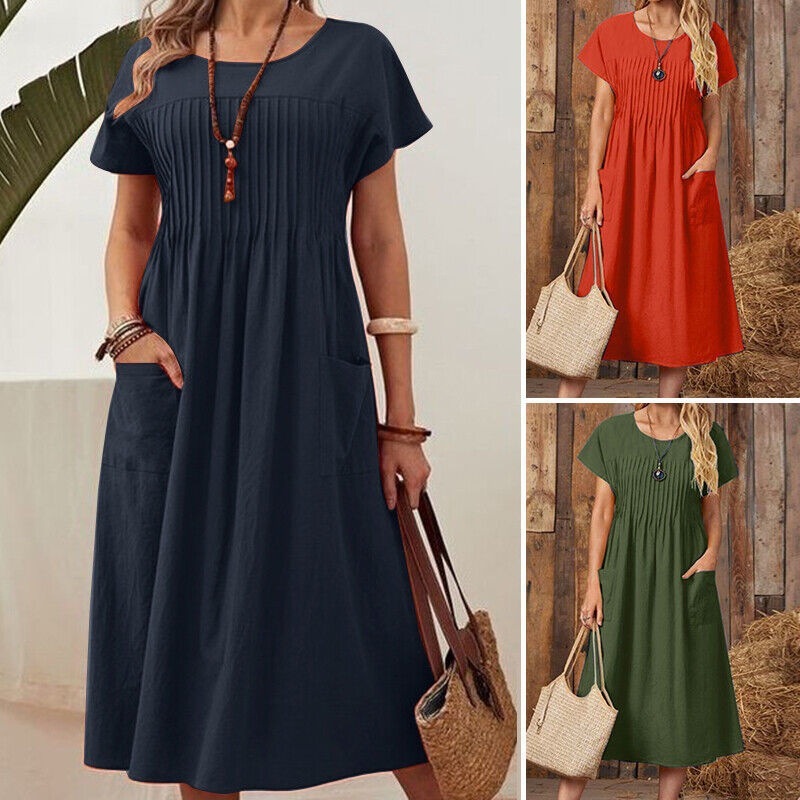 Women's Long New Solid Color Round Neck Pocket Ruched Short Sleeve Cotton Dress