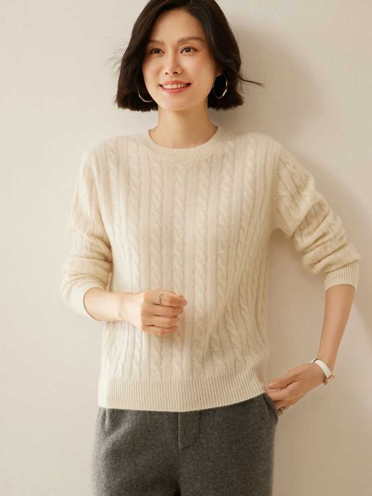 Womens Vintage Chic Basic Twist Flower Knit Autumn Winter Sweater 100 Cashmere Tops Loose Clothes Simple Warm ONeck PulloverT251025