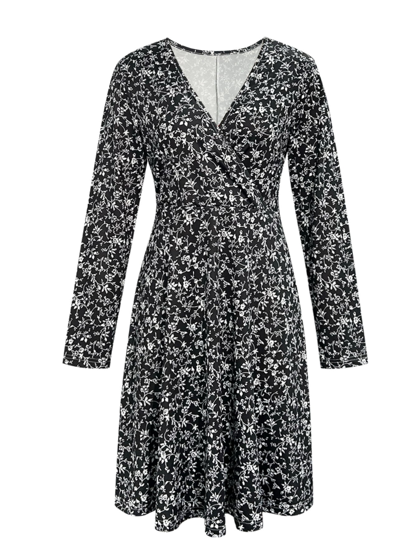 Autumn Winter New Women's Floral Printed Versatile Vacation Style Small Floral Elegant Dress, Milk Silk Black Dress, S-XXL--CF43271