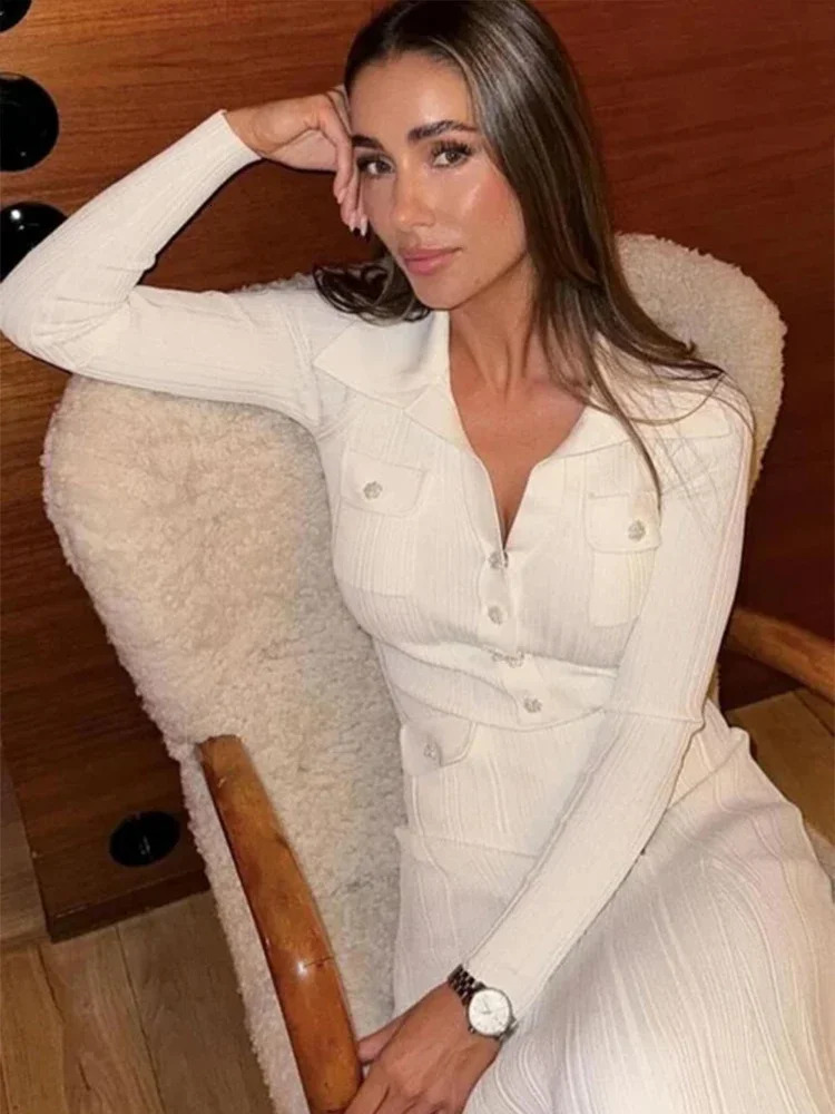 Knitted Elegant Party Dresses Woman Slim Lapel Button Pockets Long Dresses Office Lady Full Sleeve Ribbed Robes 2025 Autumn 251023