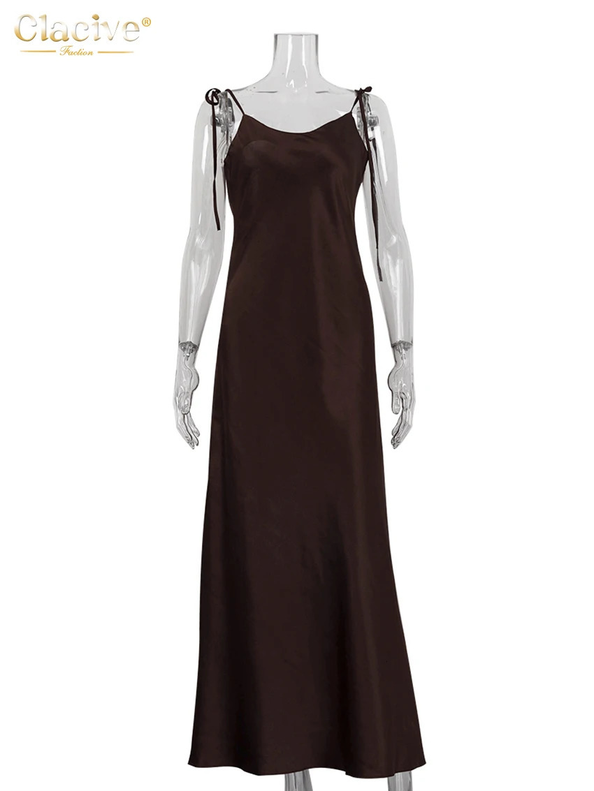 Clacive Fashion Loose Brown Satin Womens Dresses 2025 Summer Strap Sleeveless Floor Length Dress Sexy Backless Female Dress 251023