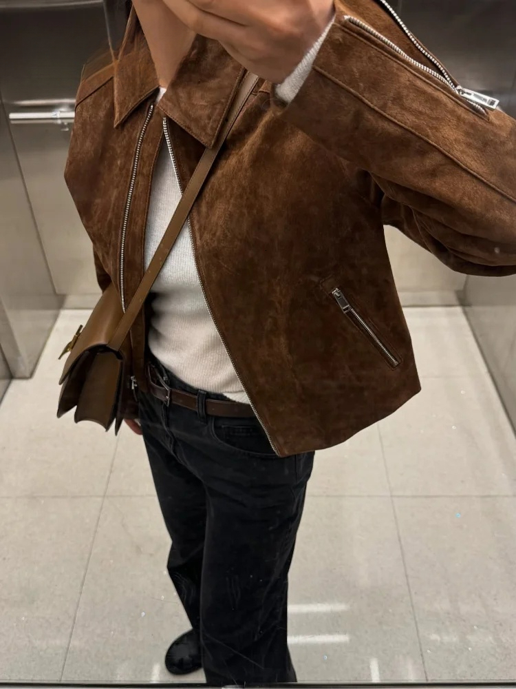 Street Suede Zippers Short Jackets Women's Vintage Lapel Full Sleeve Pocket Jacket 2025 Autumn Winter New Lady Casual Outwear dongdumaoyi