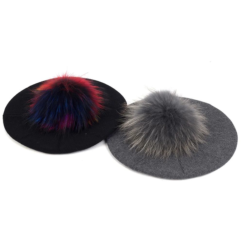 Geebro Female Winter Berets with 15 cm Real Ball Pom Hat For Women Girls Knitted Cap Thick WomenS Slouchy Skullies Beanies 251023