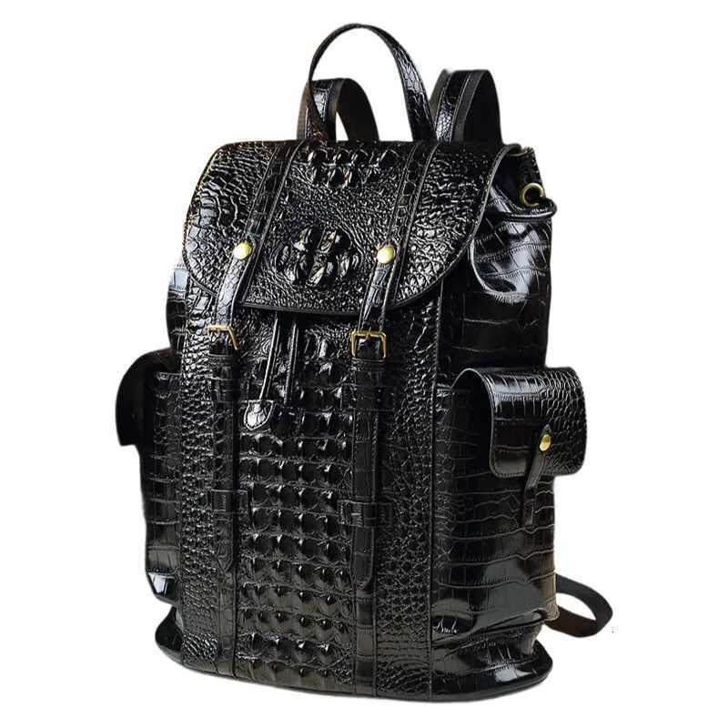 Genuine Cowhide Crocodile Pattern Travel Backpack Unisex Large School Bag for Students Office Workers with AntiTheft Zipper W251025