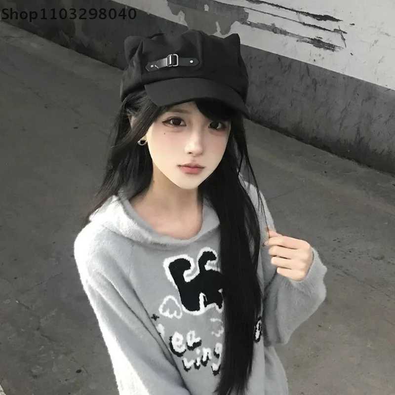 Handmade Wens HarajukuInspi Gothic Lolita Beret With Cat EarsY2K Aesthetic Steampunk Punk Style Zipper Sun Hat For Girls Y251025