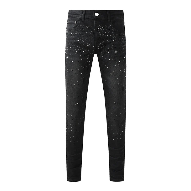 Black Mens American High Street Distressed Rhinestones Patterns Skinny Ripped Button Fly Jeans Pants 251023