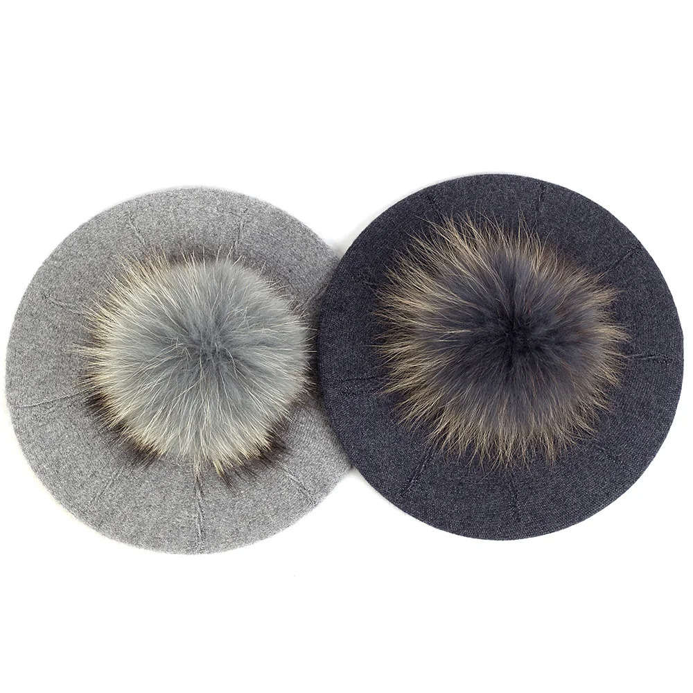 Geebro Female Winter Berets with 15 cm Real Ball Pom Hat For Women Girls Knitted Cap Thick WomenS Slouchy Skullies Beanies 251023