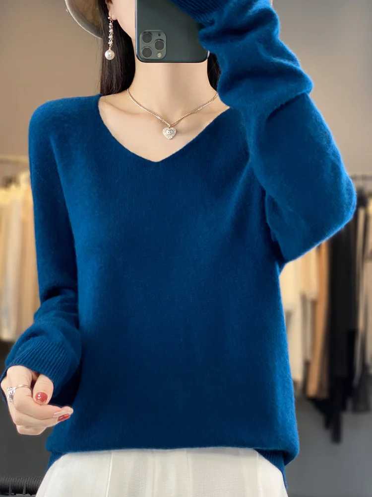 Aliselect Fashion 100 Merino Wool Women Sweater VNeck Long Sleeve Basic Jumper Spring Autumn Winter Clothing Knitwear TopsT251025