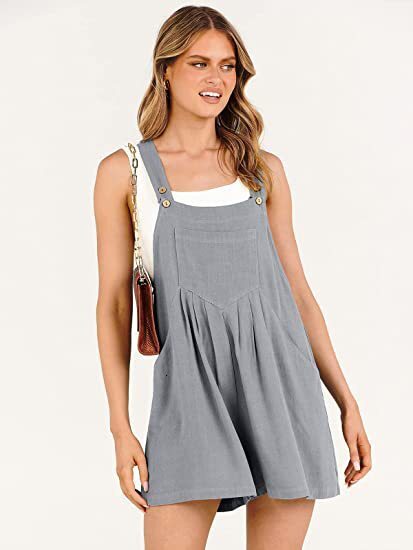 Women's Loose Fit Cotton Linen Pocketed Casual Slimming Wide Leg Jumpsuit Shorts