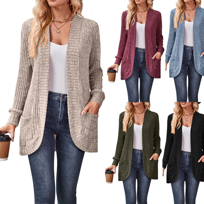 2025 Autumn New Solid Color Ribbed Brushed Casual Patchwork Long Sleeve Cardigan Jacket
