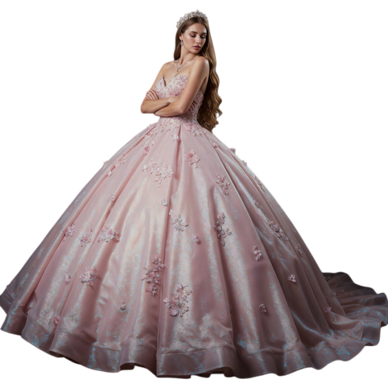 2026 Shiny Pink Ball Gown Quinceanera Dresses 3D Floral Appliques Sweetheart Long Princess Sweet 16 Dress Birthday Party Boutique Dress For Junior Gir