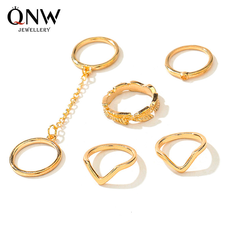Personalized Fashion Versatile Ring Inlaid with Diamonds Leaf V-Shaped Joint Finger Chain 6-Piece Set New Style