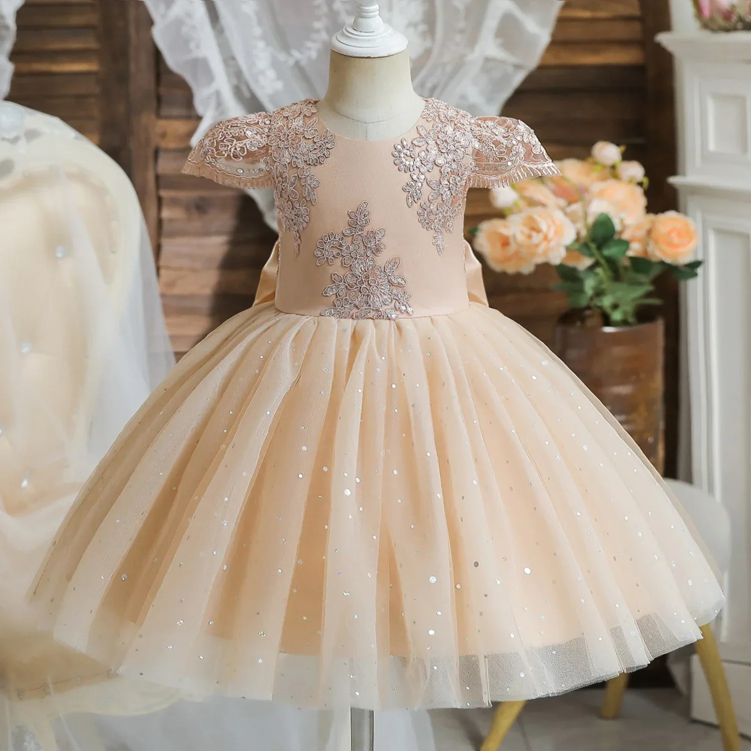 Toddler Girls 1st Birthday Christening Party Dresses Cute Bow Kids Princess Embroidery Backless Flower Girls Dresses for Wedding 251023