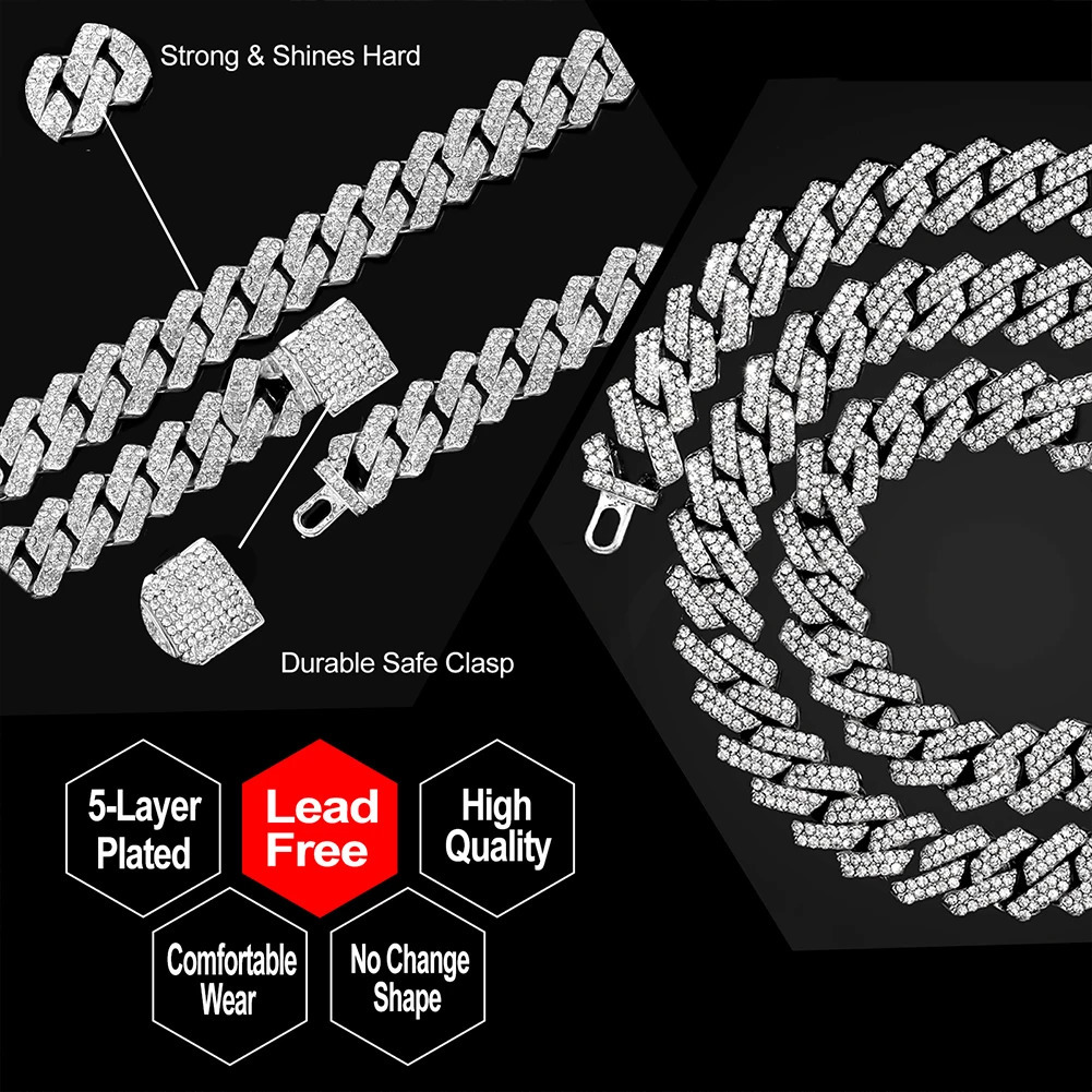 Iced Out Bling Rhinestones Prong Cuban Link Chain Mens Necklace 2 Row Crystal Curb Cuban Chain Hip Hop Jewelry 131420MM 251013