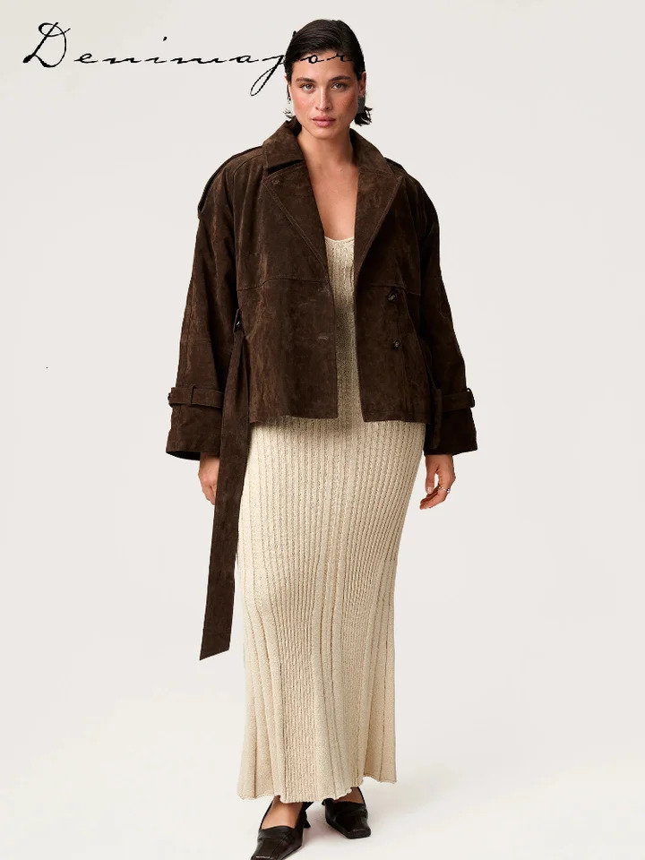 Vintage Lace Up Brown Suede Jacket Women Belt Loose Lapel Single Breasted Full Sleeve Jacket Autumn Lady Street Outwear 251020