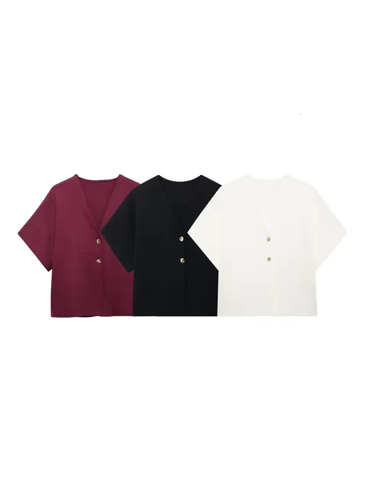 Womens Front Golden Buttons Knit Cardigan Sweater V Neck Wide Short Sleeves Female Outerwear Chic Tops Fashion 251013