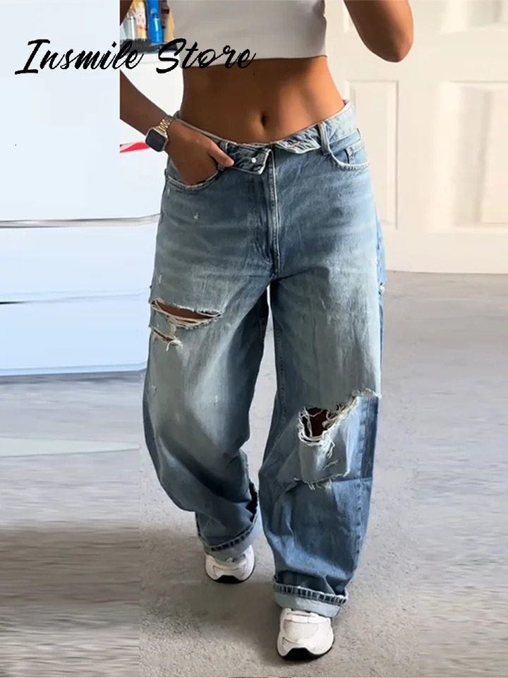 Chic Ripped Zipper Blue jeans Women Low Waist Pocket Female Wide Leg Denim Pants 2025 Autumn Loose Street Lady Trousers 251023