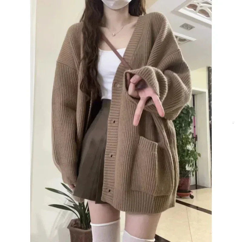 Preppy Style Womens Knit Sweater Cardigan Loose Fit Vneck Versatile Solid Color Korean Version Pullovers 251013