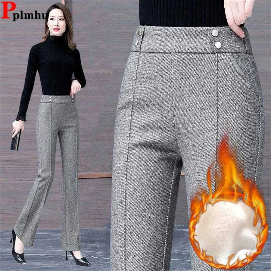 Velveteen Lined Woolen Flare Suit Pants Slim Winter Elastic High Waist Office Elagant Casual Pantalones Classic Women SpodnieT251025