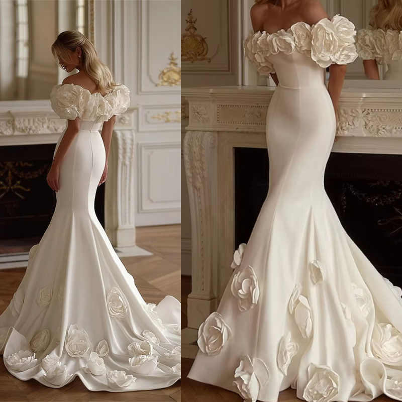 White Off Shoulder 3D Flowers Wedding Dress Customized Mermaid Chapel Train vestidos de novia Elegant Button Back Formal Occasion