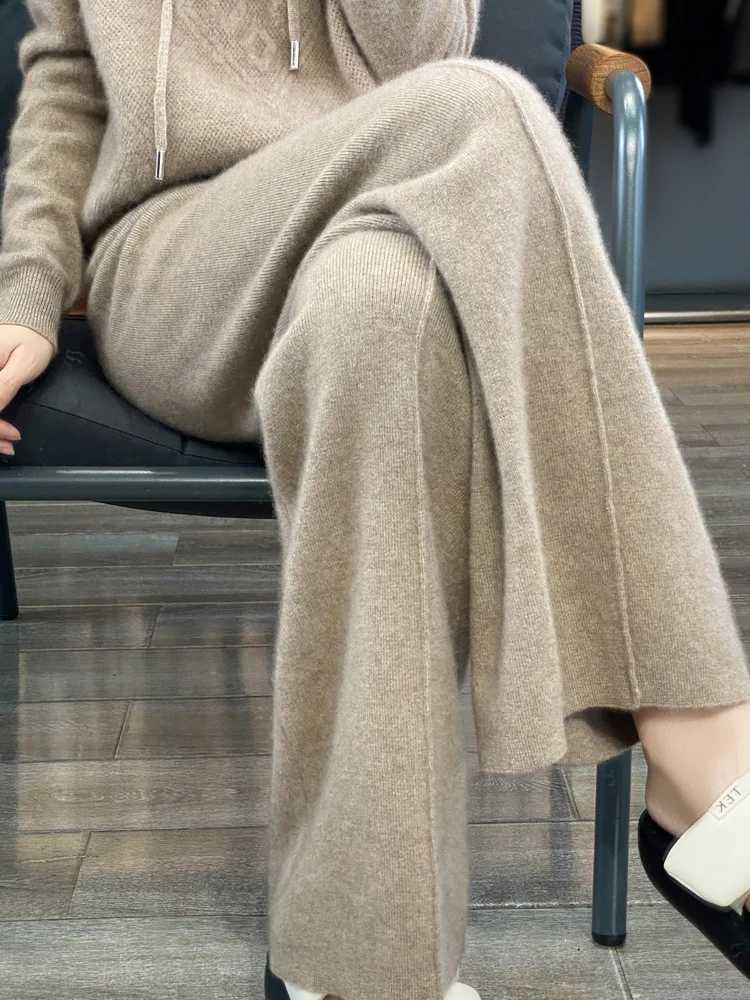Office Women Straight Pants Autumn Winter 100 Merino Wool Pants Knit Warm Trousers Lace Up Elastic Female Casual Wide Leg PantsT251025