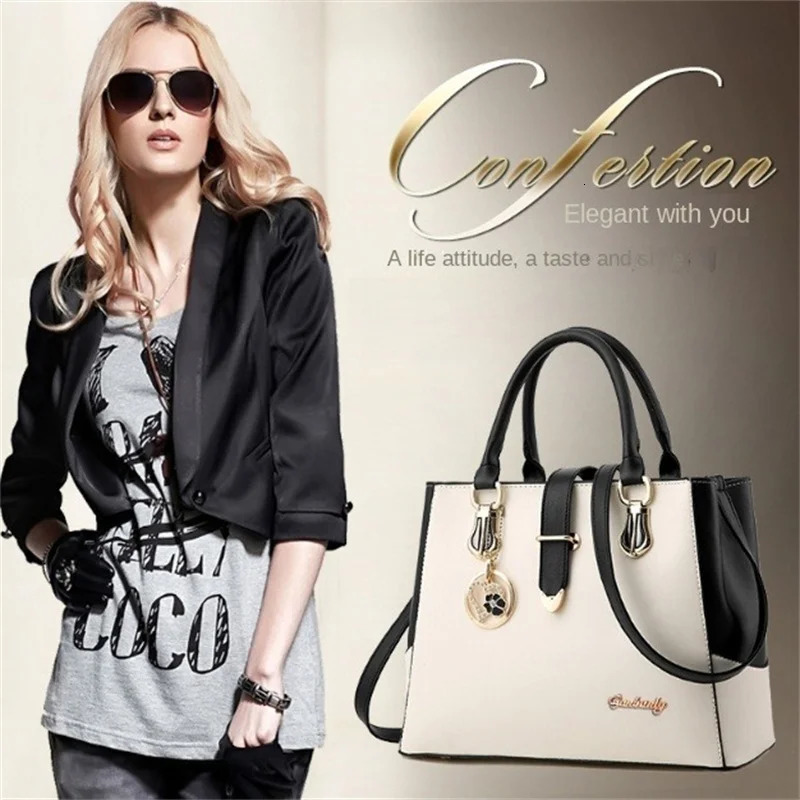 Faux Leather Shoulder Bag Womens Fashion Letter Detail Handbag Double Handle Purse 251018