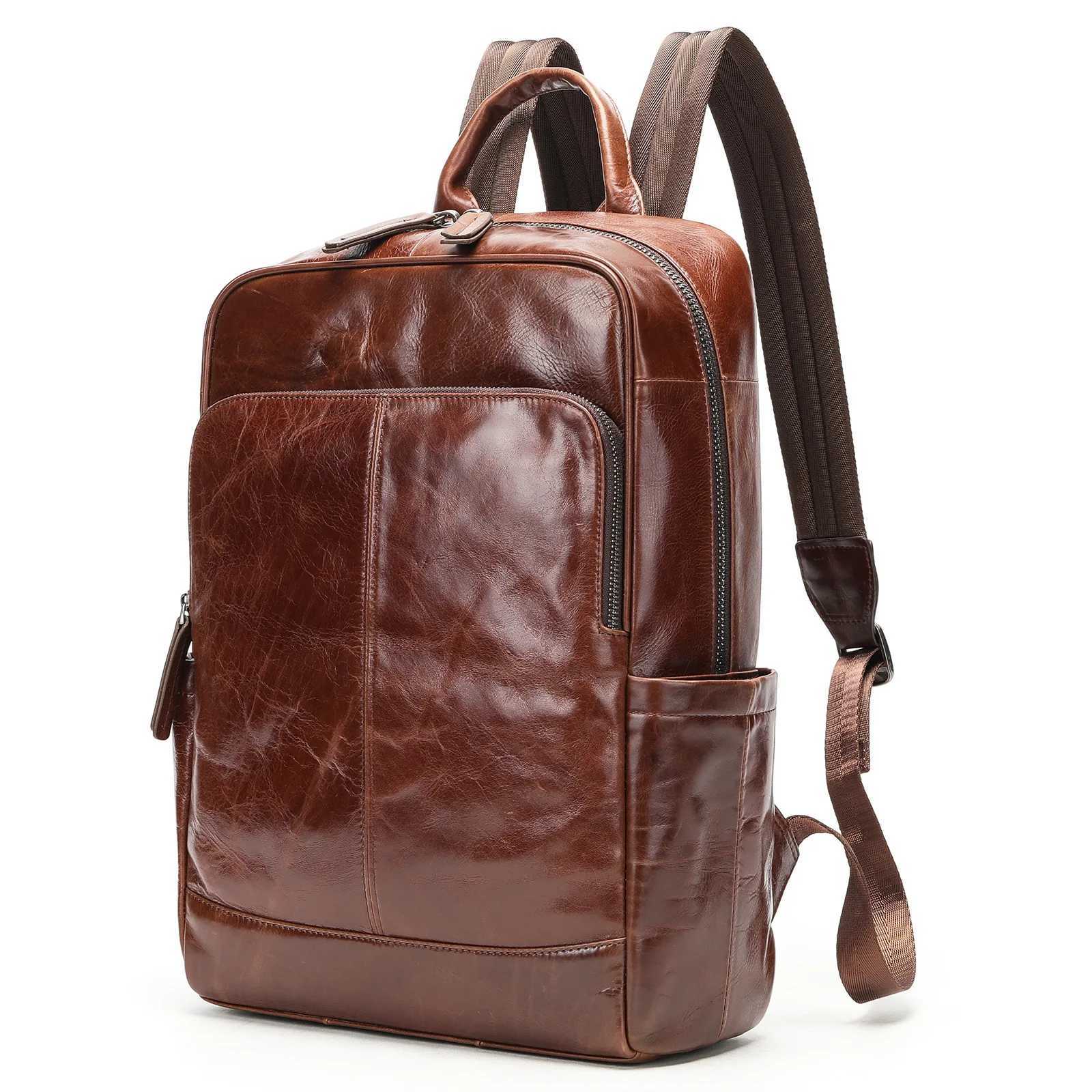 Genuine Mens Top Layer Cowhide Travel Oil Wax Leather Business Laptop School Bags For Teenagers Mens Backpack Mochilas W251025