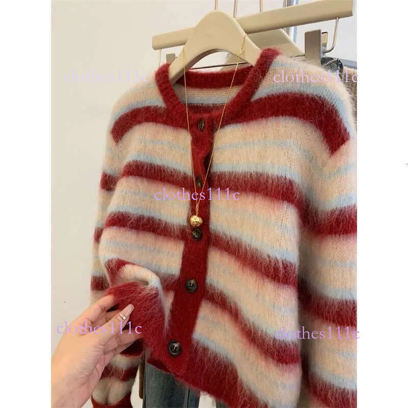 Autumn Winter New Sweet Red Striped Mohair Knitting Cardigan For Women Fashion Round Collar Single Breasted Sweater Coats