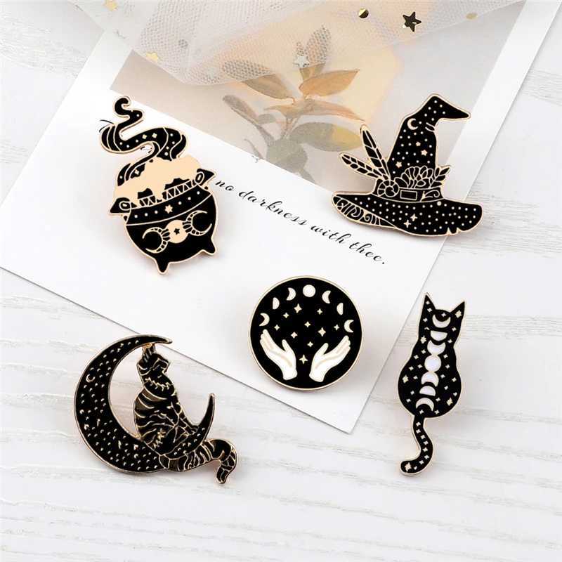 Witches Punk Black Enamel Pins Magical Hat Furnace Moon Cat Brooch Backpack Denim Lapel Pin Badge Dark Gothic Party Jewelry Gift J251115