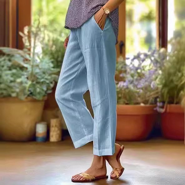 2025 Women's Cotton Linen Loose Solid Color Elastic Waist Pocket Straight Casual Pants