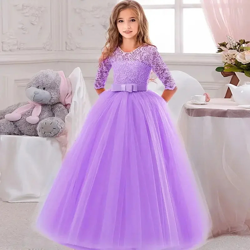 Girls Dress 414 Year Old Girls Bow Long Sleeve Princess Dress Lace Long Mesh Dress Wedding Dress Flower Girl PerformanceDress 251023
