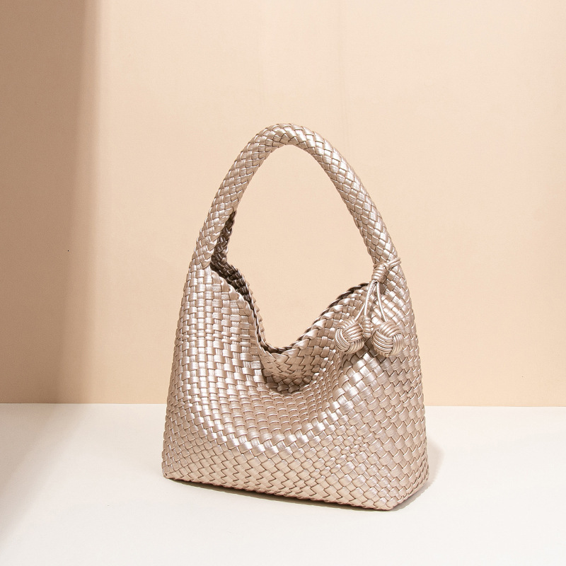 Live Trend Champagne Gold Woven Large Capacity Shoulder Tote High-end Handbag Underarm Bucket Bag