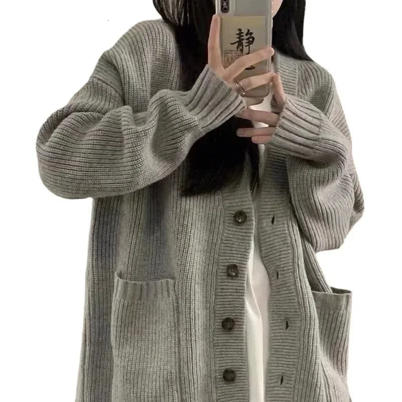 Preppy Style Womens Knit Sweater Cardigan Loose Fit Vneck Versatile Solid Color Korean Version Pullovers 251013