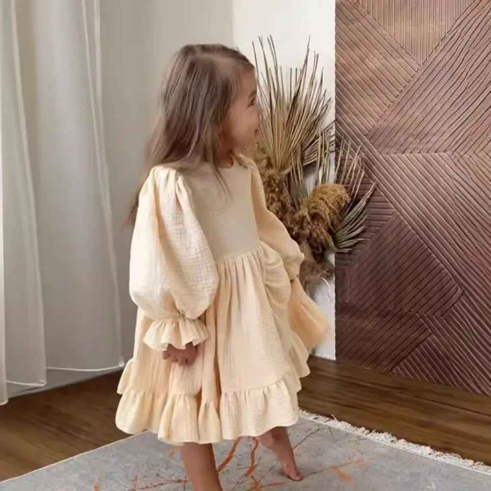 4475 Children Dress Autumn Linen Ruffled Slit Hem Dress Elastic Sleeve British Girls Dress 251023