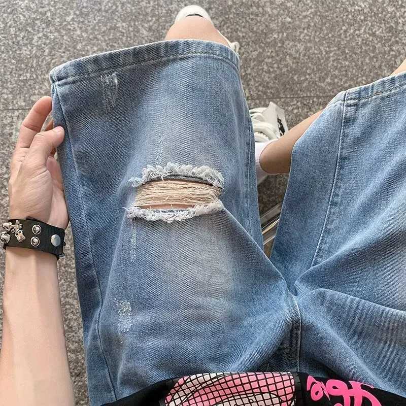 Summer Distressed Ripped Jorts Mens Drawstring Retro Fashion Denim Shorts Hombre Y2K Streetwear Baggy Short Jeans Blue BermudaXJ251025