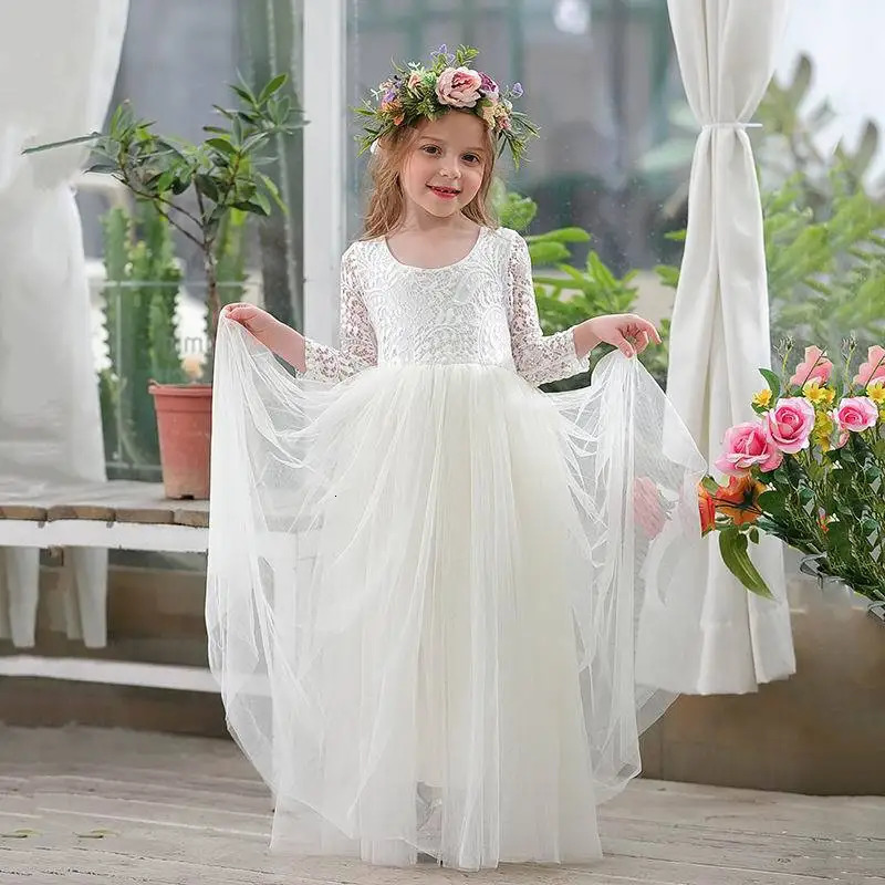 Summer Elegant Flower Girl White Wedding Lace white girl long dress Sleeve Mesh Girl Princess Dress backless girls aged 812 251023
