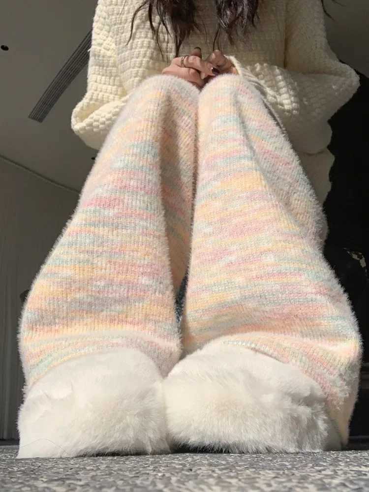 Velvet Rainbow Knitted Pants Womens Autumn Winter New High Waist Draping Pants Casual Straight Wide Leg Sweatpants Soft PlushT251025