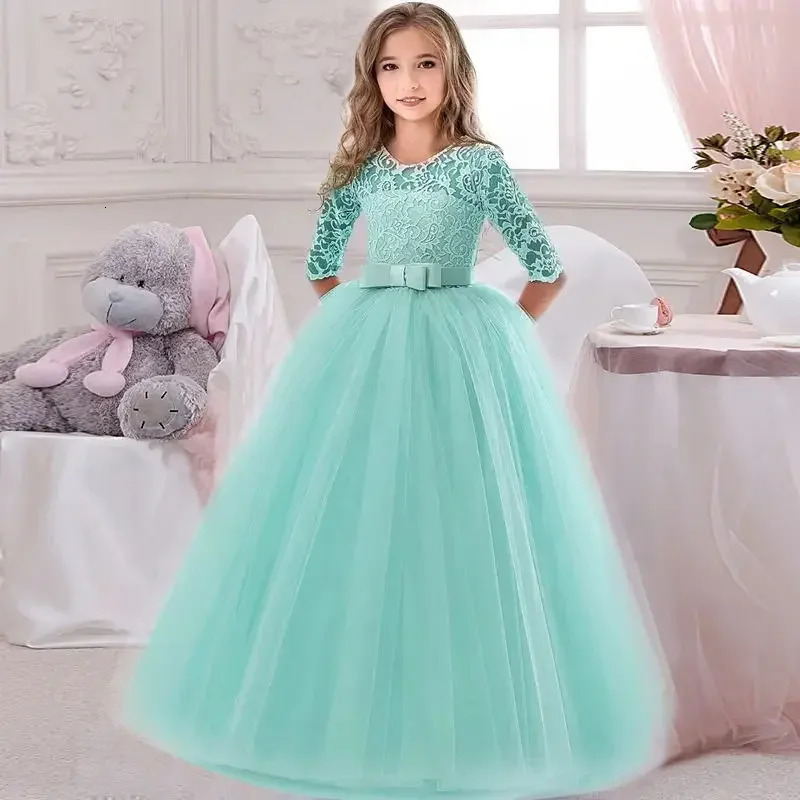 Girls Dress 414 Year Old Girls Bow Long Sleeve Princess Dress Lace Long Mesh Dress Wedding Dress Flower Girl PerformanceDress 251023